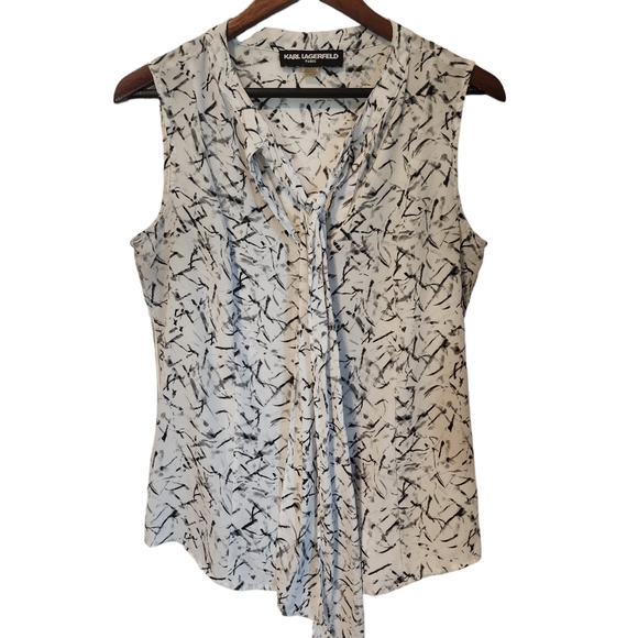 EUC Karl Langerfeld Paris Sleeveless Tie Neck Abstract Shell Blouse - Picture 8 of 10